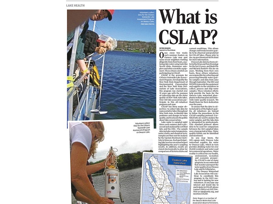 Auburn Citizen Article: “Owasco Watershed Lake Association: What is CSLAP?” by OWLA Board Member Peter Rogers