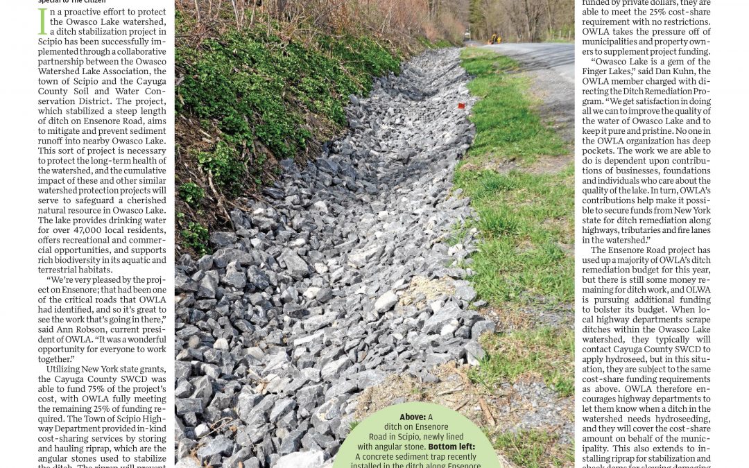 Auburn Citizen Article: “Collaboration stabilizes Scipio ditch for water quality improvements” by Jillian Aluisio, Watershed Inspector with the Owasco Lake Watershed Inspection and Protection Division