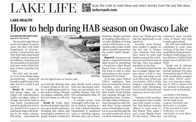 Auburn Citizen Article: “How to help during HAB season on Owasco Lake” by LISA HEATON AND NANCY HART, OWLA Board Members