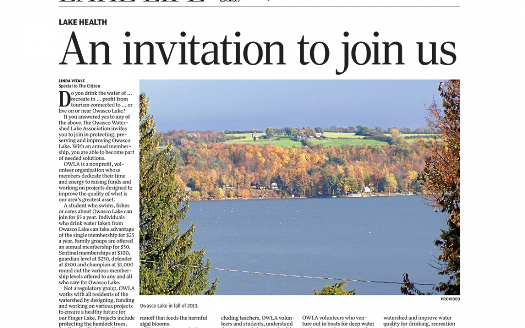 Auburn Citizen Article: “Owasco Watershed Lake Association: An invitation to join us” by LINDA VITALE